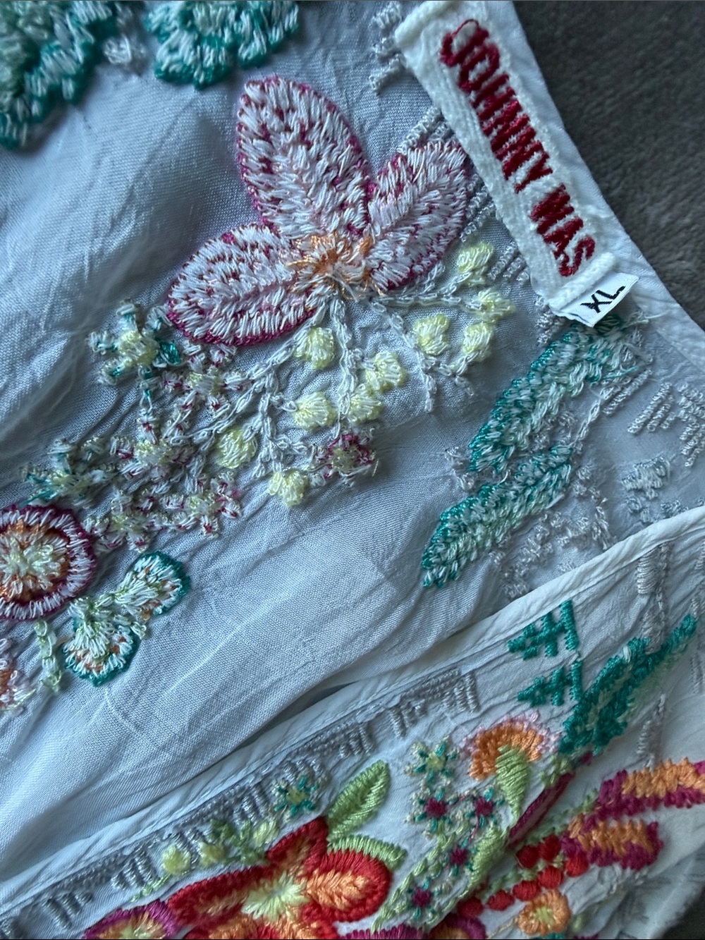Johnny Was White Embroidered Floral Blouse with Pastel Accents